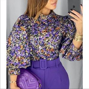 Vintage Women Blouse Floral Lantern Sleeve Top